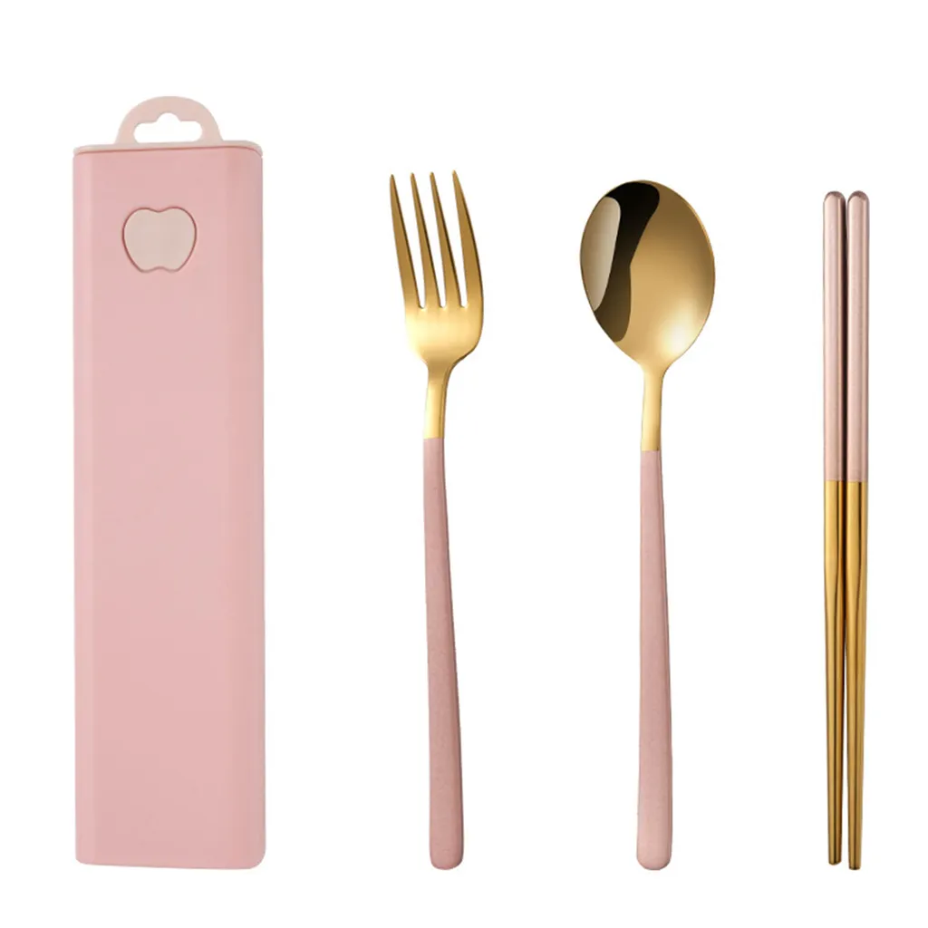 3/4pcs Cutlery Set tragbare kreative Pull -Apples Box Edelstahl Studentenlöffel Gabel -Stäbchen für Zuhause-Pink 4